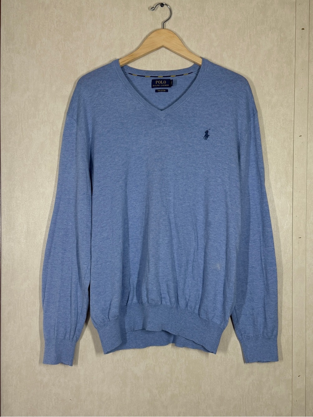 Polo Ralph Lauren Men’s Pima Cotton V-Neck Sweater Embroidered Pony in Blue XL